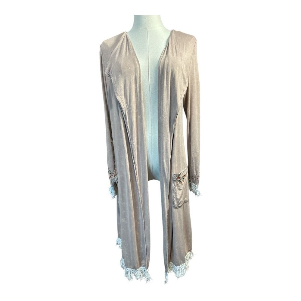 POL Small Western Peasant BOHO Embroidered Fringe Trim Duster Kimono Cardigan
